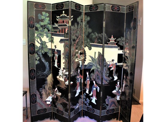 Beautiful Asian Double Sided Screen Carved & Hand Painted With A Beautiful  Garden Scene & Lotus Design