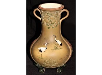 Beautiful Hand Painted Japanese Vase With Moriage Detailing, Hand Painted Crane Detailing