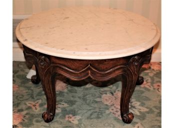 Gorgeous Petite Sized Table With A Fancy Carved Apron & Beveled Edge Stone Top