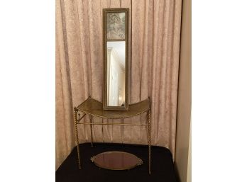 Vintage Style Metal Vanity Stool With A Brass Like Finish & Pierced Metal Seat & A Vintage Mirror With Lady Pr