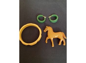 Collection Of Vintage Bakelite Jewelry Includes Bracelet, Horse Pin & Earrings