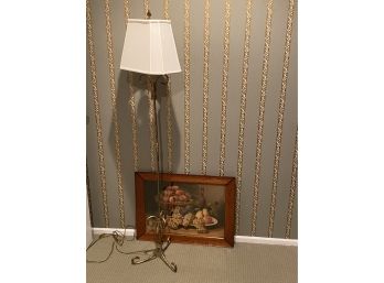 Tall Metal Floor Lamp With Silk Shade & Fruit Still Life By Huber In A Beautiful Stained Frame