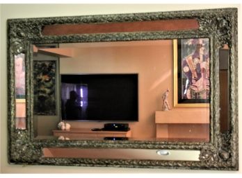 Beautiful Elaborate Framed European Style Wall Mirror With Embossed Metal Detail & A Beveled Edge