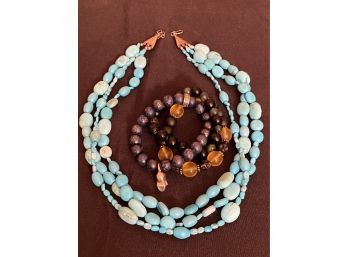 Natural Layered Turquoise Necklace With A Sterling Clasp Includes 3 Stretch Bracelets , Skull, Buddha