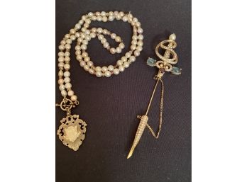 Unique Dagger Pin & Freshwater Pearl Necklace With Crest Pendant