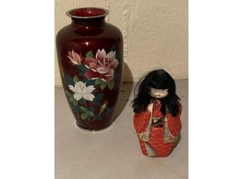 Beautiful Floral Enamel Vase With Small Asian Doll