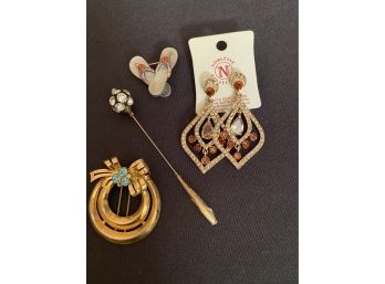 Collection Includes Costume Austrian Crystal Drop Earrings, Vintage Bow Pin, Hat Pin & Flip Flop Pin
