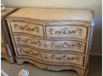 4 Drawer Stenciled Chest With Floral Detail, Nice Carved Detail Along Curved Edges