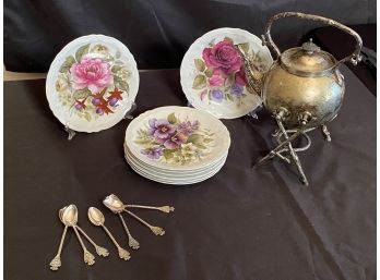 Demitasse Tea Spoons & Engraved Victorian Style Teapot With Stand & 8 Limoges France Rochard Floral Plates