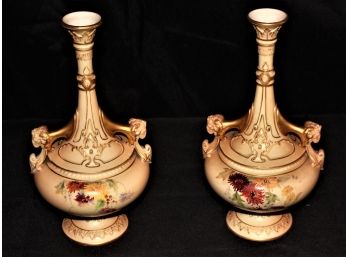 Pair Of Antique Royal Worcester Ewers With Rams Head Handles & Hand Painted Floral Detail