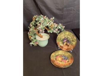 Beautiful Colored Glass Bonsai Tree With Beautiful Flowers &  4 Fruit Dessert Plates Limoges France Rochard