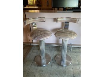 Pair Of Amazing Substantial Contemporary Chrome Fluted Counter Stool