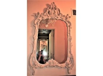 Ornate Carved Wood Mirror With An Ornate Crown & White Wash Finish In Very Good Vintage Condition