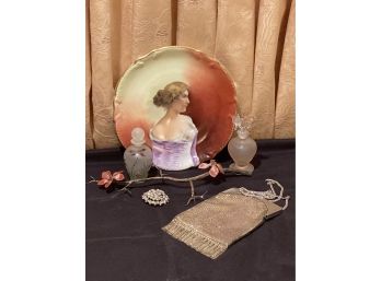 Limoges Plate, Decorative Branch Holder,  Frosted Pink Perfume Bottle , Whiting & David Bag & Rhinestone Pin