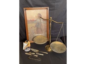 Vintage Brass Scale , Framed Print , Nautical  Sailors Holiday Doulton Statue, Karan Ice Tongs