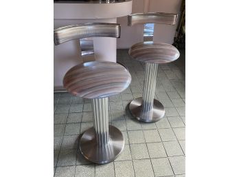 Pair Of Amazing Substantial Contemporary Chrome Fluted Counter Stool