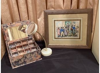Floral Jewelry Box With Insert, Vintage Makeup Mirror & Framed Theatre Print