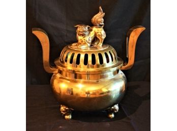Large Vintage Footed Brass Censer For Incense With A Heavy Foo Dog/Lion Lid