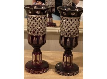 Pair Of Bohemian Cut Crystal - Cut To Clear Ruby Glass Candle Holders/Lamp Cut With Hole For Lamp