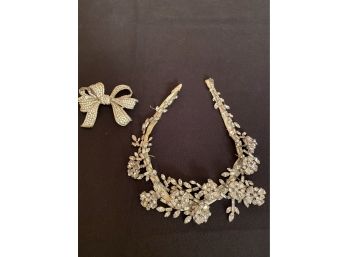 Fashion Jewelry Includes Sparkle Bow Brooch & Vintage Rhinestone Collar On Silk Fabric With Flowers