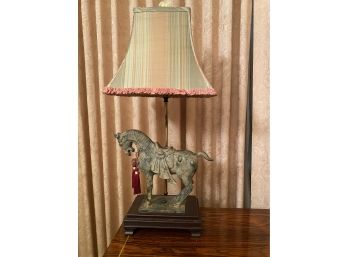 Tang Horse Lamp With A Silk Shade & Ornate Finial