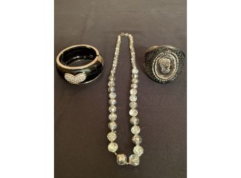 Beautiful Cameo Style Cuff Bracelet, Sparkle Black Cuff Bracelet & Beaded Necklace