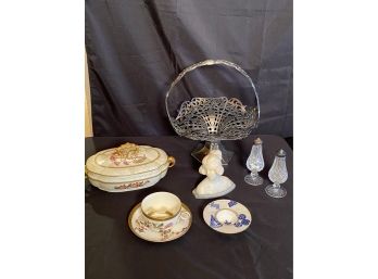 Collection Includes Small Marble Bust , Royal Worcester Mustache Cup With Saucer, Hand Forged Metal Basket