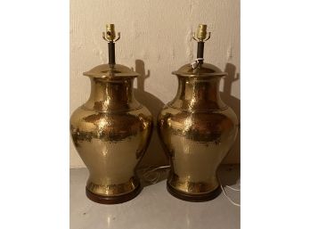 Pair Of Hammered Brass Style Table Lamps With Wood Base