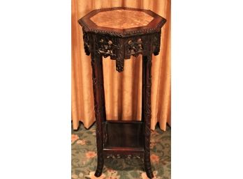 Carved Asian Style Octagonal Wood Pedestal/Planter With A Marble  Stone Insert - Beautiful Carved Detail