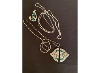 Fashion Jewelry Includes 2 Long Rhinestone Necklaces , Pair Of Shoe Clips & Paisley Shaped Pin