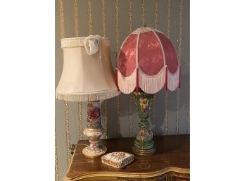 Beautiful Pair Of Floral Lamps Amazing Hand Painted Detail Throughout Includes Hand Painted Fan Style Box