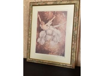 Framed Icart Print Of A Swinging Lady In A Matted Floral Painted Frame