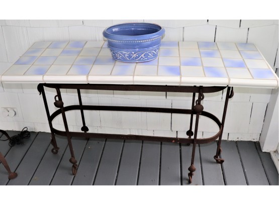 Vintage Rustic Console With A Blue & White Tile Top Showing A Weathered Look