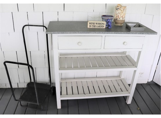 Small Wood Gardening Table Painted White Wrapped In An Aluminum Top Includes A Small Fireplace Log Cart