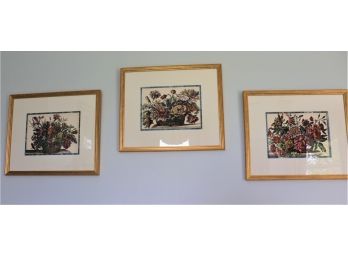 Set Of 3 Floral Williamsburg Prints In A Matted Gold Frame