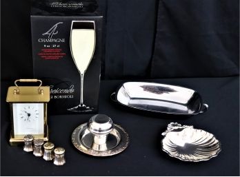 Luigi Bormioli Crescendo Champagne Flutes, Tiffany & Co Brass, Desk Clock, 4 Sterling Salt & Pepper