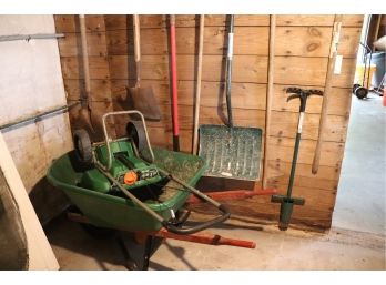 Green Poly Wheelbarrow & Scotts Turf Builder Edge Guard DLX & Assorted Yard Tools, Shovels & More As Pict