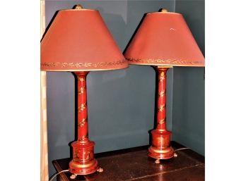 Pair Of Pretty Red & Gold Leaf Table Lamps Nice Pair