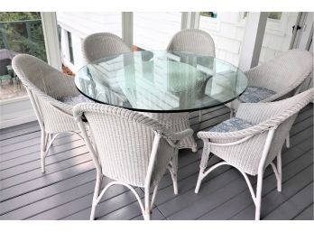 Beautiful Vintage Authentic Wicker Style Patio Set Includes Table With A Thick Glass Top & 6 Chairs