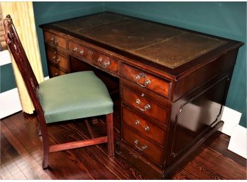Vintage Leather Top Desk & Chippendale Style Chair-  Includes File Drawers , Pull Out Extensions.