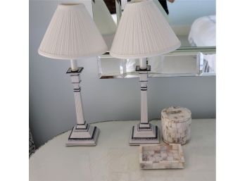 Pair Of Pretty Blue & White Porcelain Lamps With Decorative Inlaid Mother Of Pearl Accent Box
