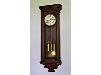 Vintage Regulator Pendulum Wall Clock With Winding Key & Porcelain Face