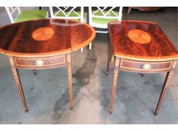 Pair Of Beautiful Inlaid Drop Leaf  Side Tables By Council L- Flame Mahogany