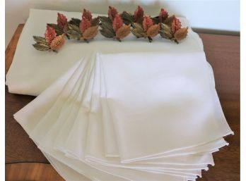 White Formal Tablecloth With Matching Napkins & A Set Of 10 Fall Fashion Napkin Holders
