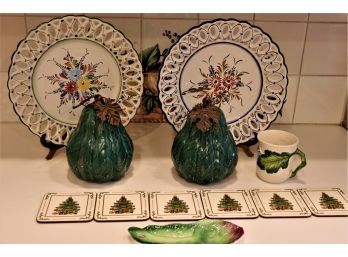 2 Decorative Ceramic Pears , Christmas Coaster Set By Pimpernel & 2 Hand Painted Plates From Portugal 706