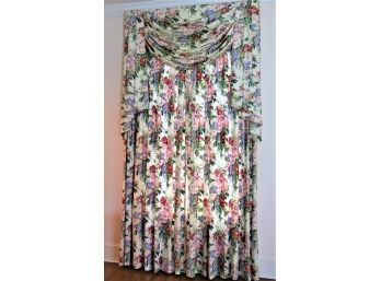 Large Floral Custom Lined Drapery Panel- Measures Approximately 64 Inches X 118 Inches With Swag Valance