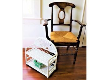 Vintage Woven Rush Chair & Woven Wicker Wall Shelf