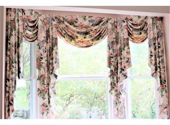 Set Of Floral Window Drapery Panels With Swag Valance