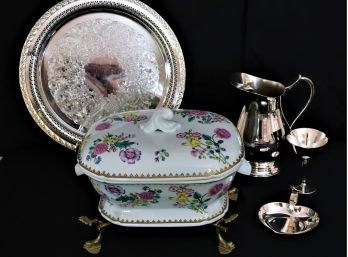 Serving Items- Pitcher By Allace 9430, Engraved Serving Dish & Soup Tureen Castle Rose Chatsworth.