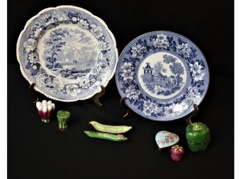 Blue & White Decorative Plates, Limoges Boxes, Rochard Rehausse Main France, John Stevenson 1980 England Pagod